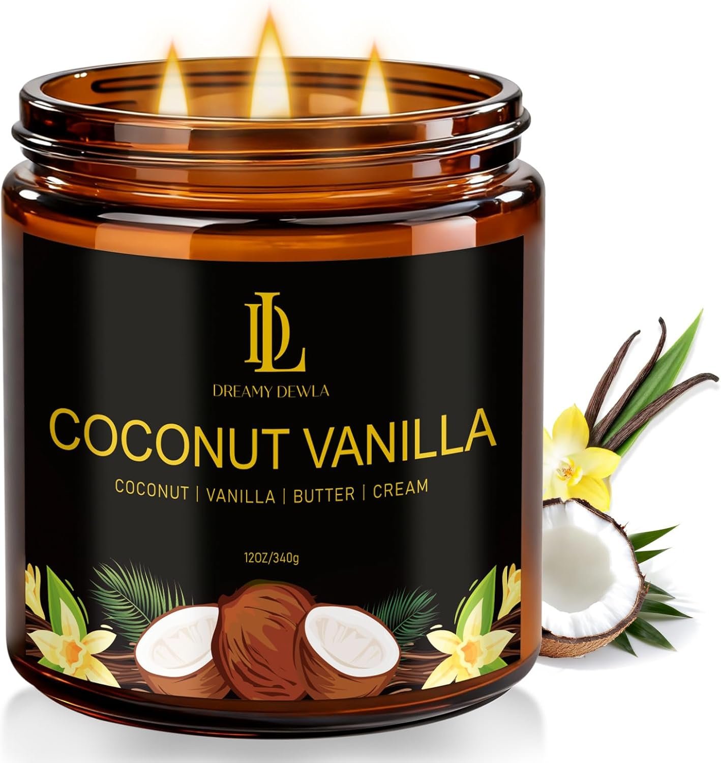 Coconut Vanilla Scented Candle, 12oz 60 Hour Long Lasting Candles, Large 3 Wick Natural Soy Candles for Home Scented, Candle Gifts for Women Men
