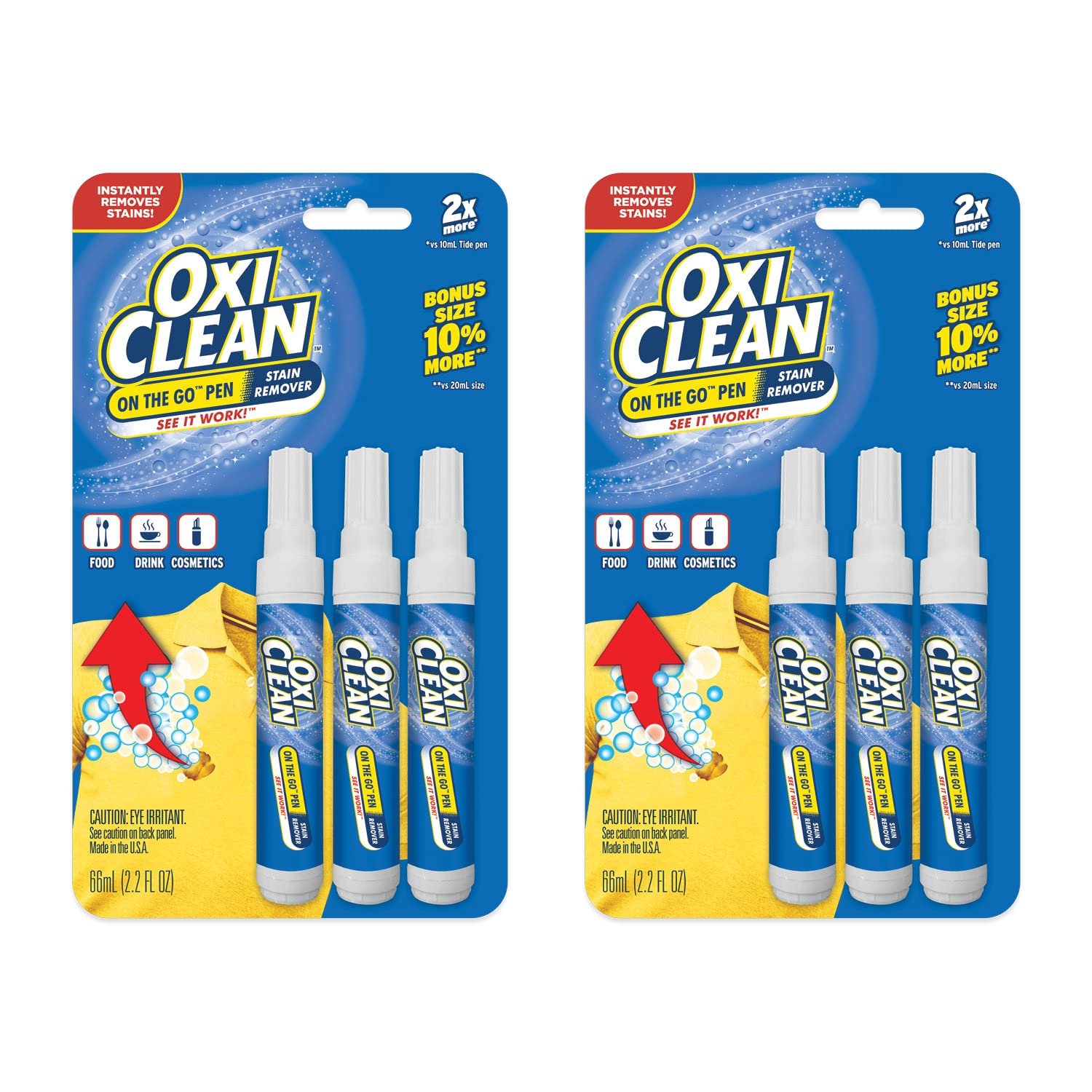 OxiClean On The Go Stain Remover Pen for Clothes, Portable Instant Stain Remover Stick with Scrubber Tip, Travel-Friendly Pen for Clothes Laundry, for Food Drink Cosmetics, 6 Count