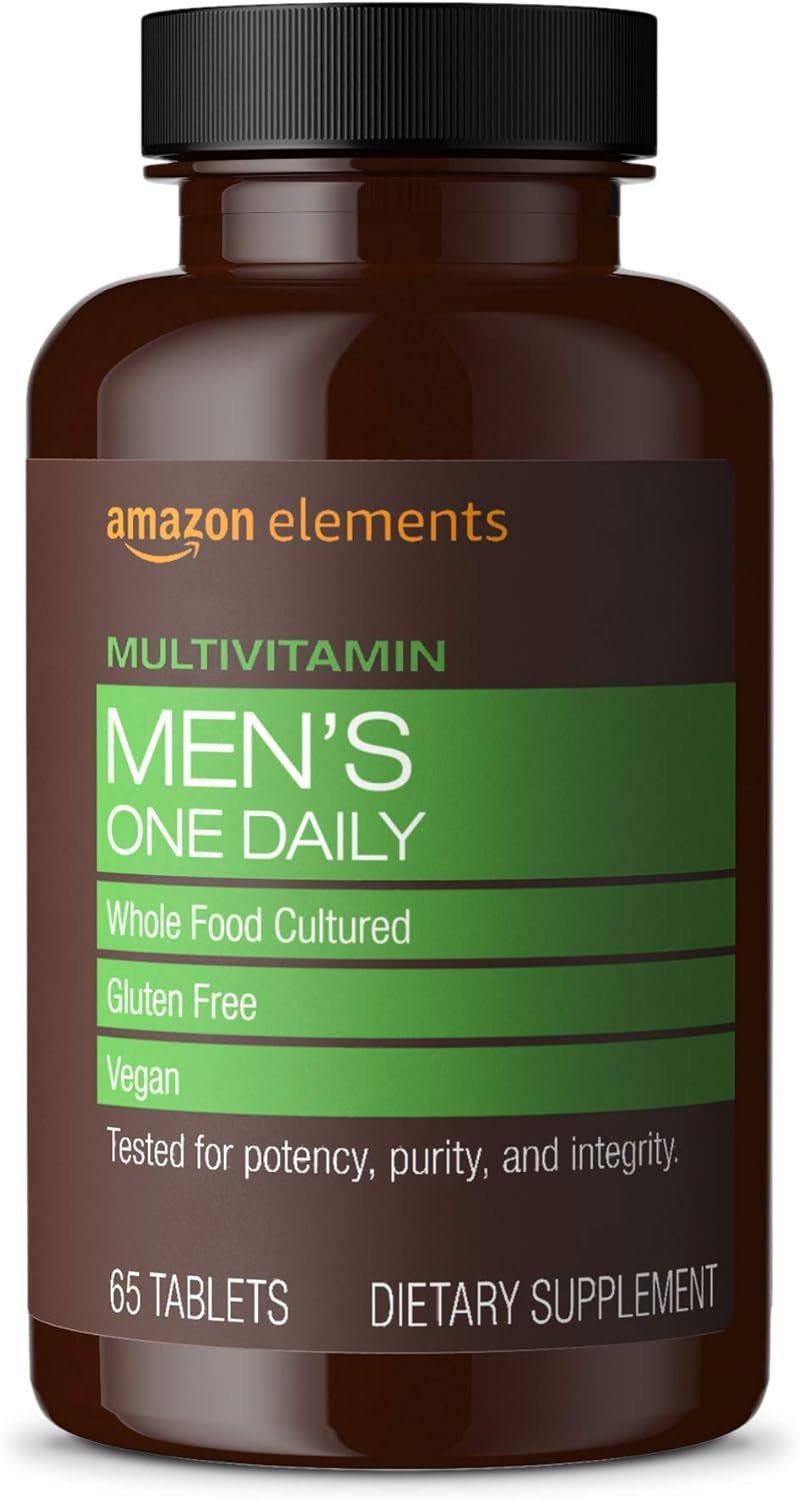 Amazon Elements Men’s One Daily Multivitamin, 62% Whole Food Cultured, Vegan, 21 Vitamins and Minerals, 65 Tablets, 2 Month Supply (Packaging may vary)