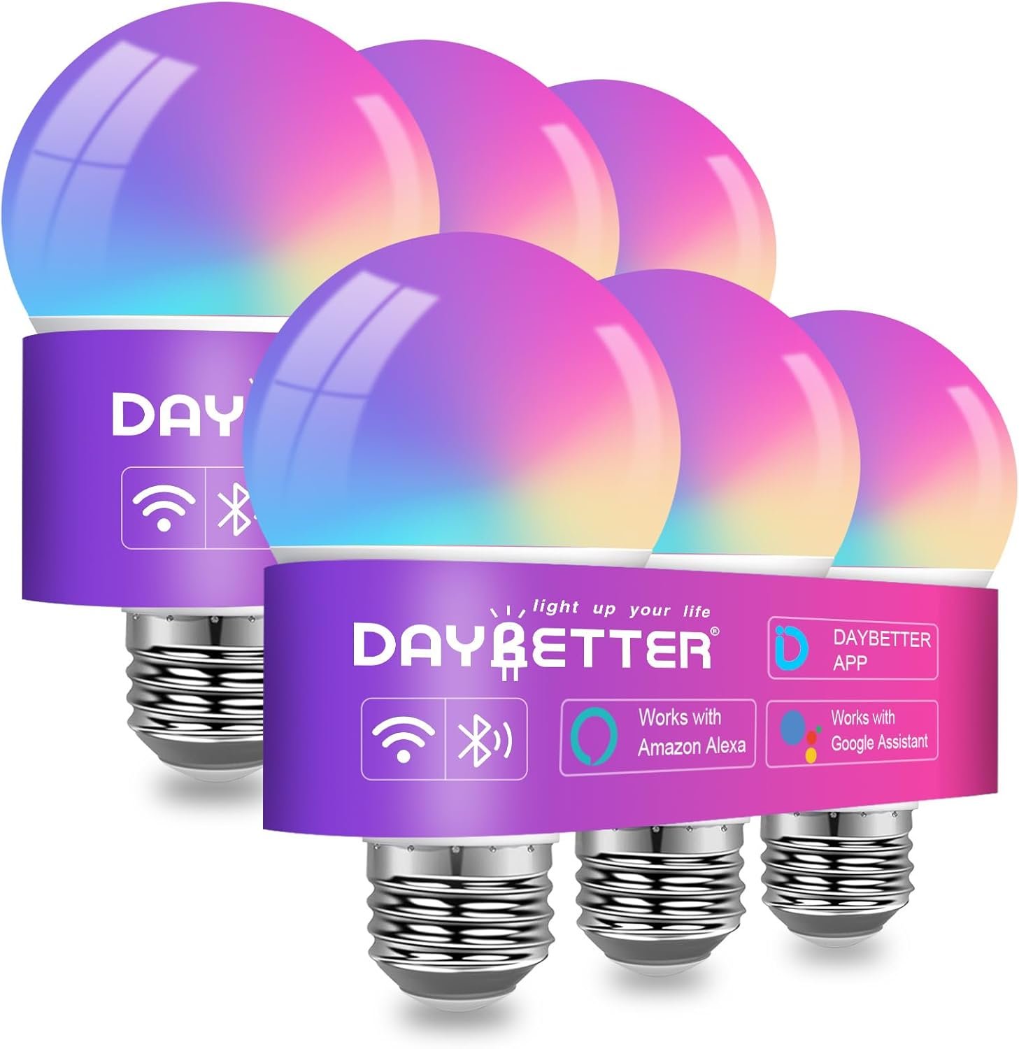 DAYBETTER Smart Light Bulbs, Smart Bulb Compatible with Alexa & Google Home, A19 E26 2.4G WiFi Bluetooth Alexa Light Bulbs, RGBCW Color Changing LED Light Bulb, 60W Equivalent, 800LM, 6Pack