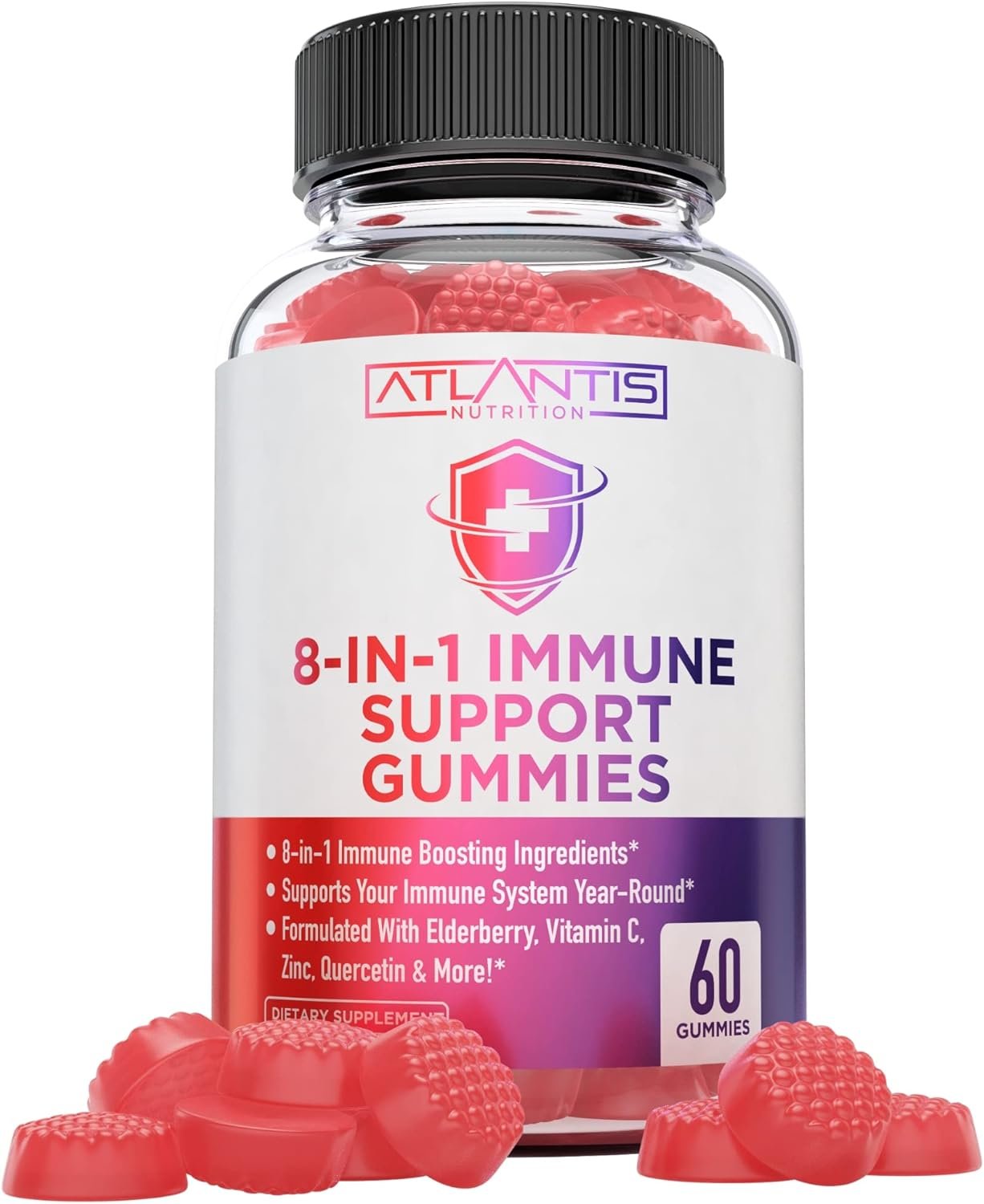 Atlantis Nutrition 8-in-1 Immune Support Gummies with Elderberry | Immune Supplement with Elderberry, Quercetin, Zinc, Vitamin C – Immunity Boosters for Adults & Kids – Delicious Flavor – 60 Count