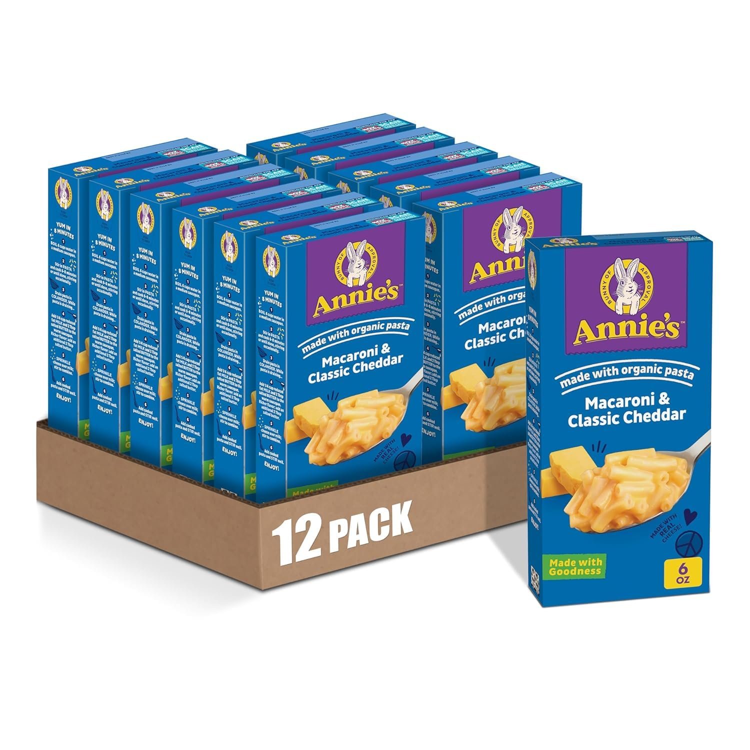 Annie’s Macaroni and Classic Cheddar with Organic Pasta, Made with Real Cheese, Dinner Side or Snack, 6 oz (Pack of 12)