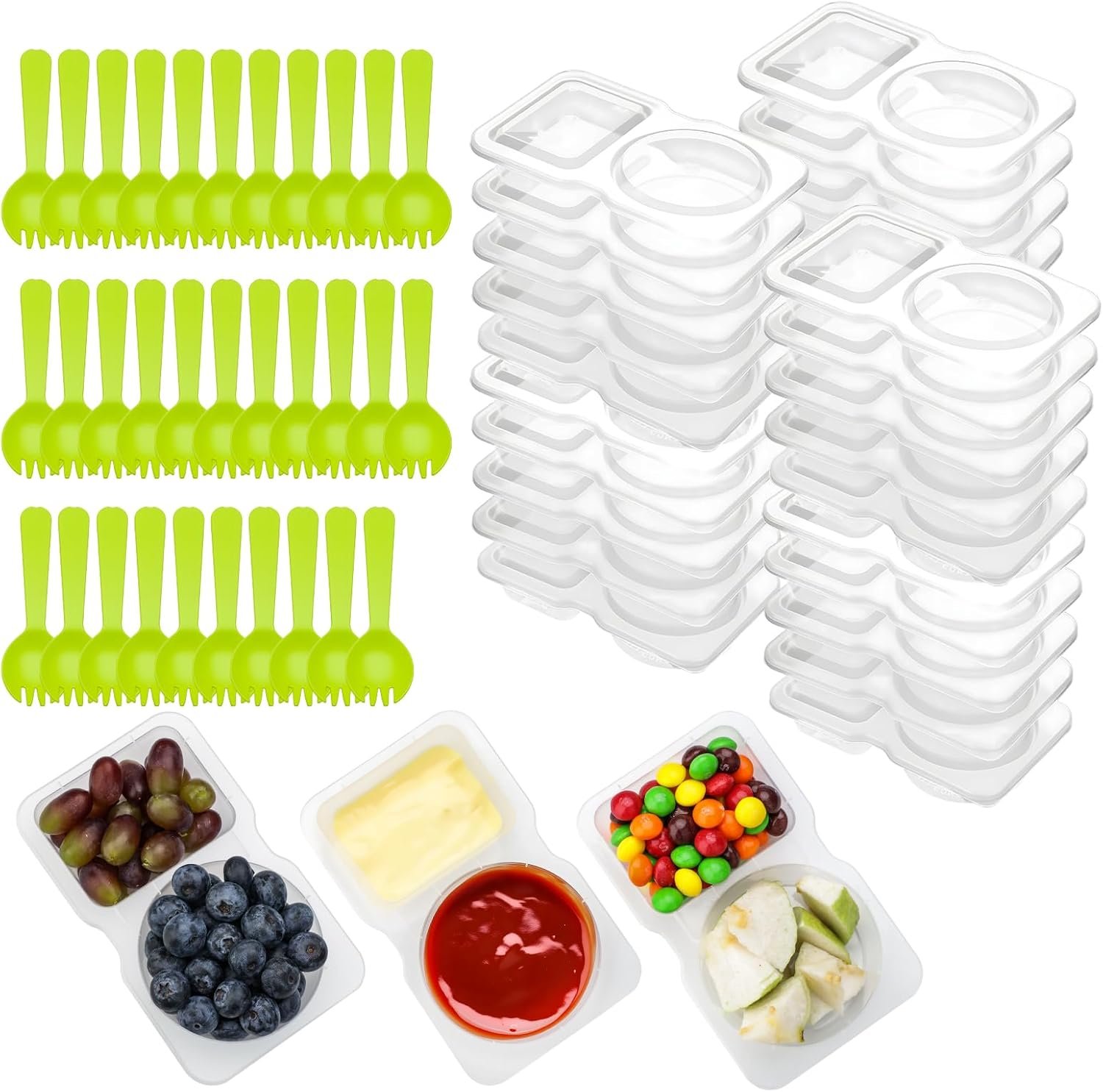 64 Pcs Reusable Snack Containers, 32 Sets Condiment Container and 32 Spoon, Double Compartment Dipping Containers with Lids, Portion Control, Outdoor Takeaway Sauce Dip Case, BPA-Free, Microwave Safe