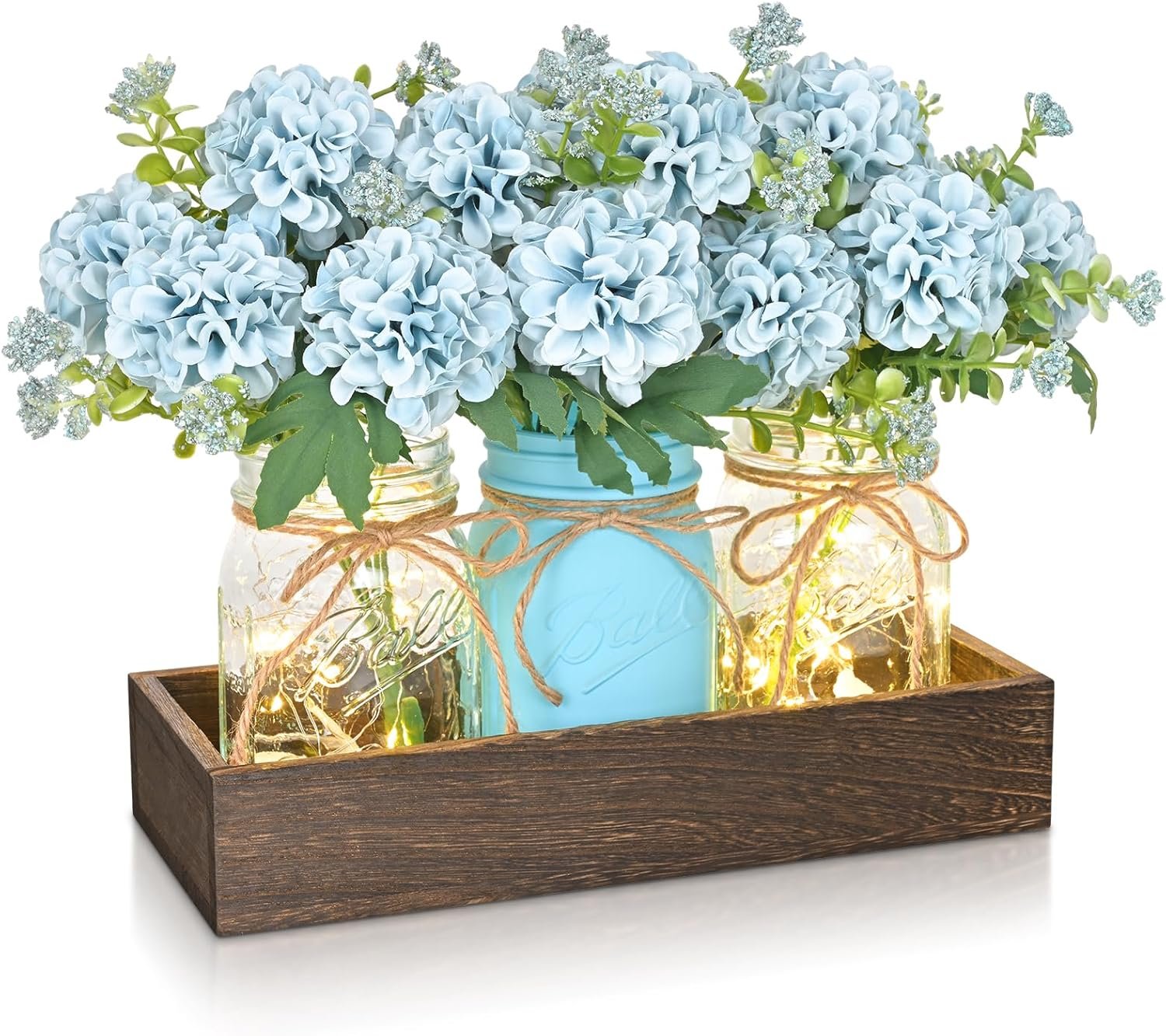 BLEUM CADE Centerpiece Table Decorations – 3Pcs Hydrangea Artificial Flowers in Mason Jars with Wood Tray for Dining Table Coffee Table Farmhouse Room Decor