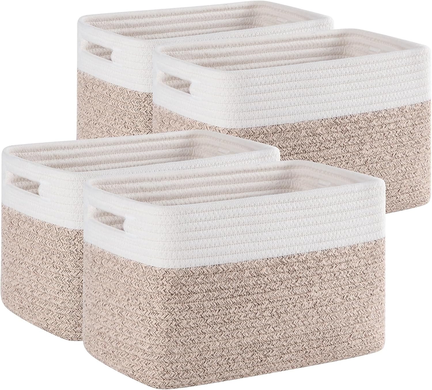 4 Pack Storage Baskets for Organizing, Woven Baskets for Shelves – Perfect for Toys, Books, Towels, and Clothes, Durable Gift Basket Bins Toy Storage, 12.7”Lx9”Wx7.8”H, Brown & White