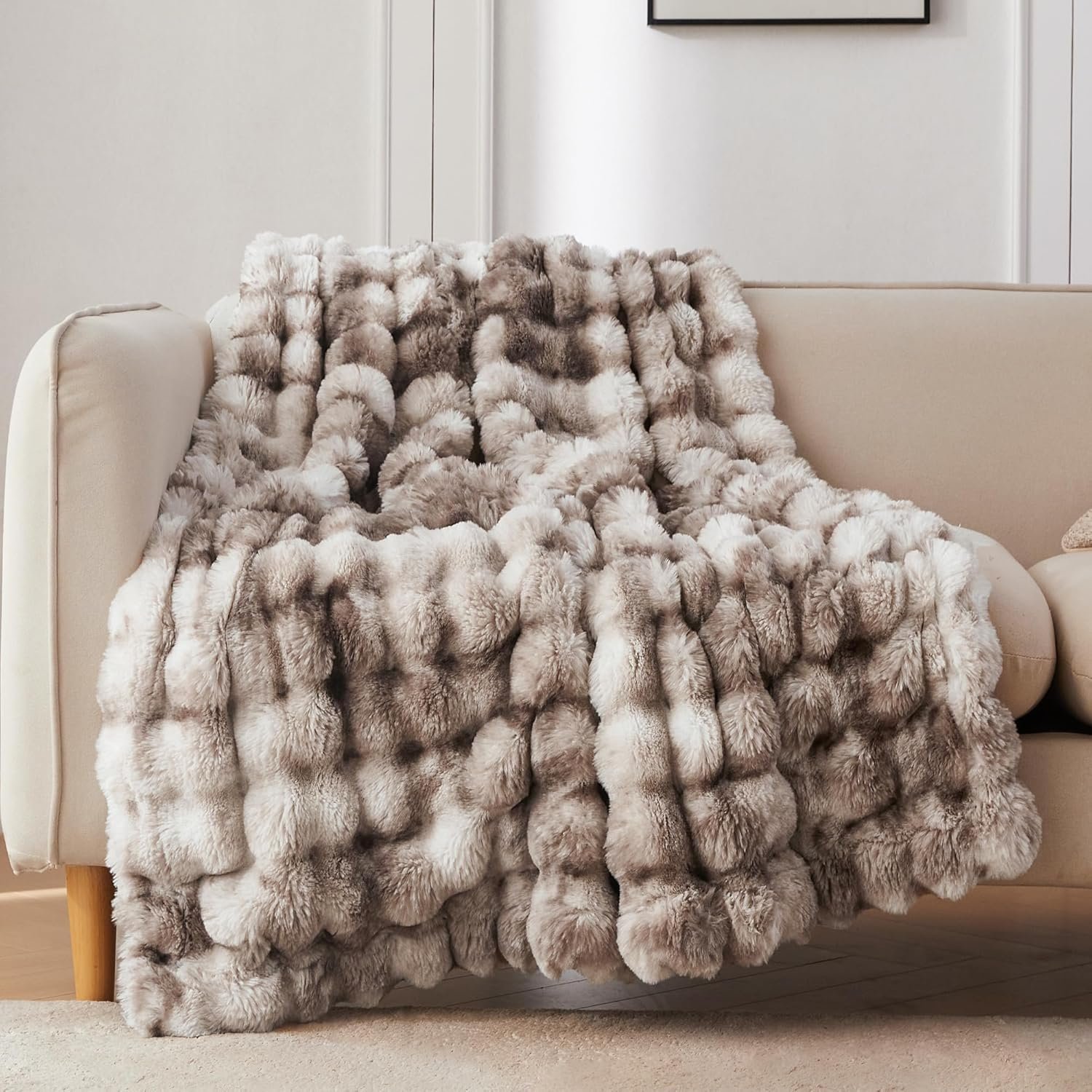 COOVA Faux Fur Throw Blanket for Couch, Cozy Soft and Fuzzy Plush Rabbit Fur Bubble Blanket for Sofa Bedroom Living Room, 50×60 Inches Tie Dye Brown