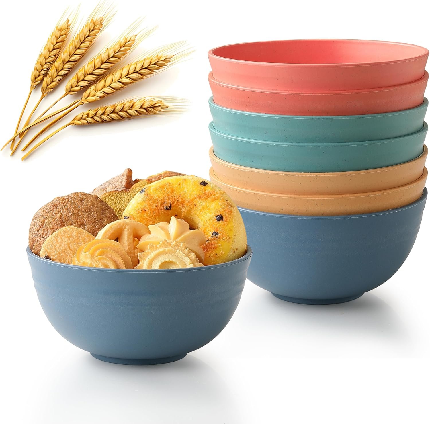 Unbreakable Wheat Straw Cereal Bowls, Microwave & Dishwasher Safe Kitchen Bowls for Cereal, Snack, Rice, Soup and Salad, 4 Colors, BPA Free, 26oz (Set of 8)