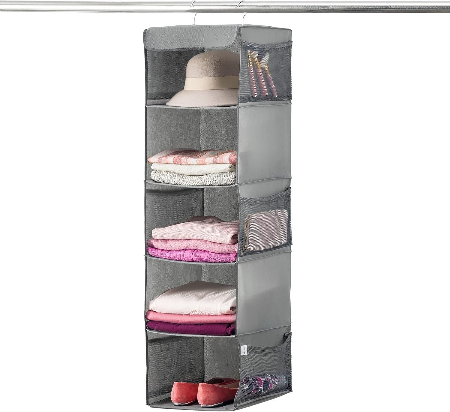 ZOBER Hanging Closet Organizer, 5-Shelf – Hanging Storage Organizer Shelves for Clothes, Towels, Toys – College Dorm Room, Nursery, & Home Closet