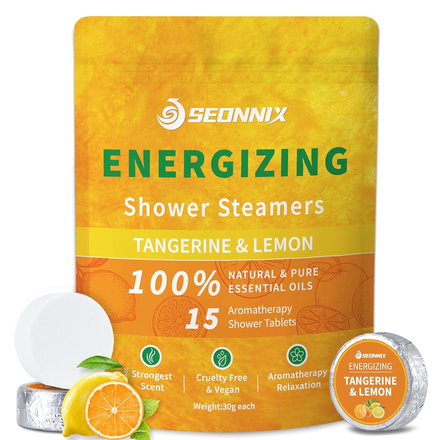SEONNIX Shower Steamers Aromatherapy 15 Pack, Tangerin & Lemon Shower Bombs with Natural Essential Oils, Relaxation & Birthday Gifts for Women and Men, Stress Relief & Self Care Gifts, Shower Tablets