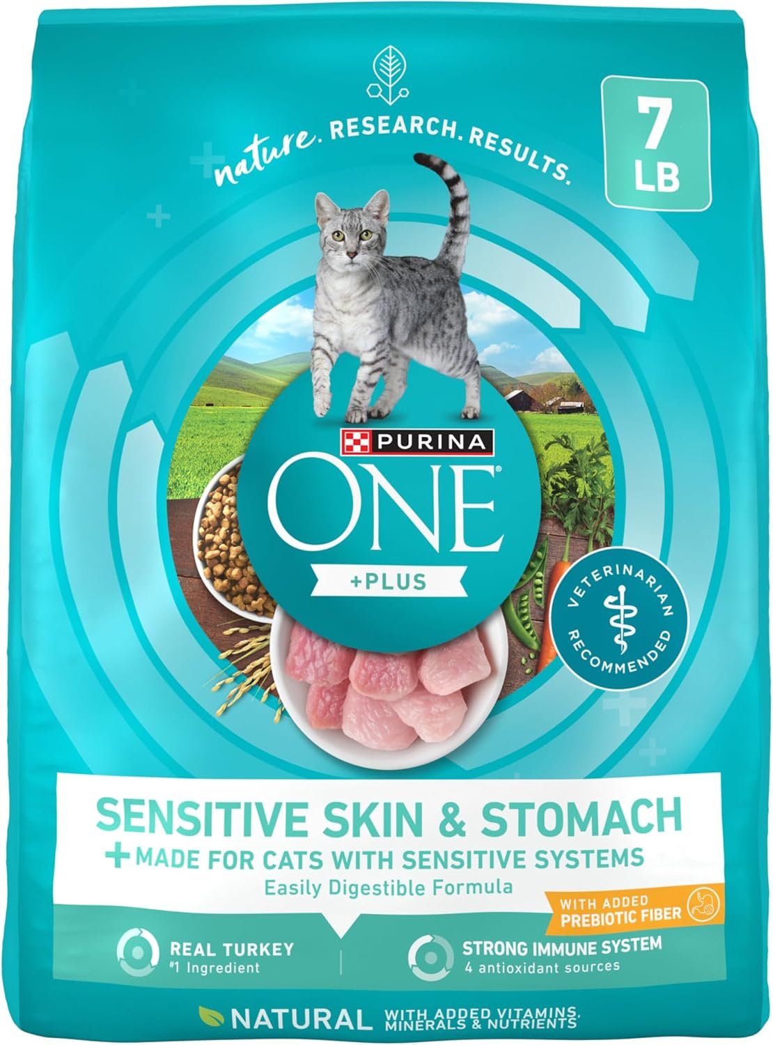 Purina ONE Sensitive Stomach, Sensitive Skin, Natural Dry Cat Food, +Plus Sensitive Skin and Stomach Formula – 7 lb. Bag