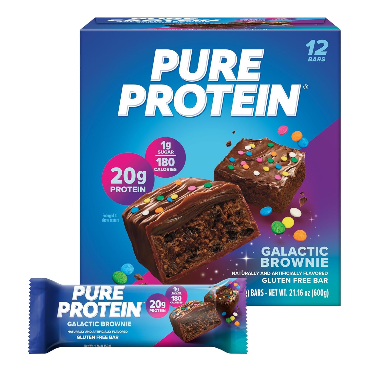 Pure Protein Galactic Brownie Bars – 12 Count Box | 20g High Protein, Gluten-Free, On-the-Go Snack | Ideal Pre & Post-Workout Fuel | Low Sugar, Great Taste!