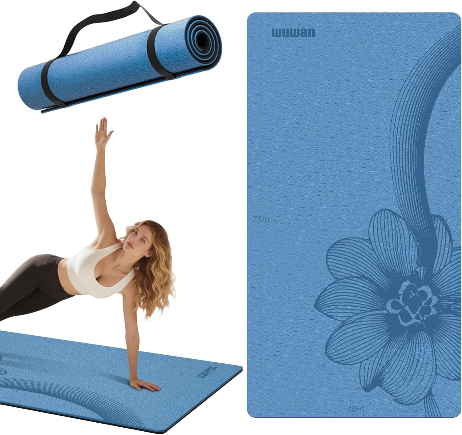 Large Yoga Mat 76″x 40″x10mm (2/5 inch) – Extra Thick & Wide, TPE Fitness Mat, Printed Non-Slip Exercise Mat with Carrying Strap for Men & Women, Pilates, Stretching, Fitness & Workout