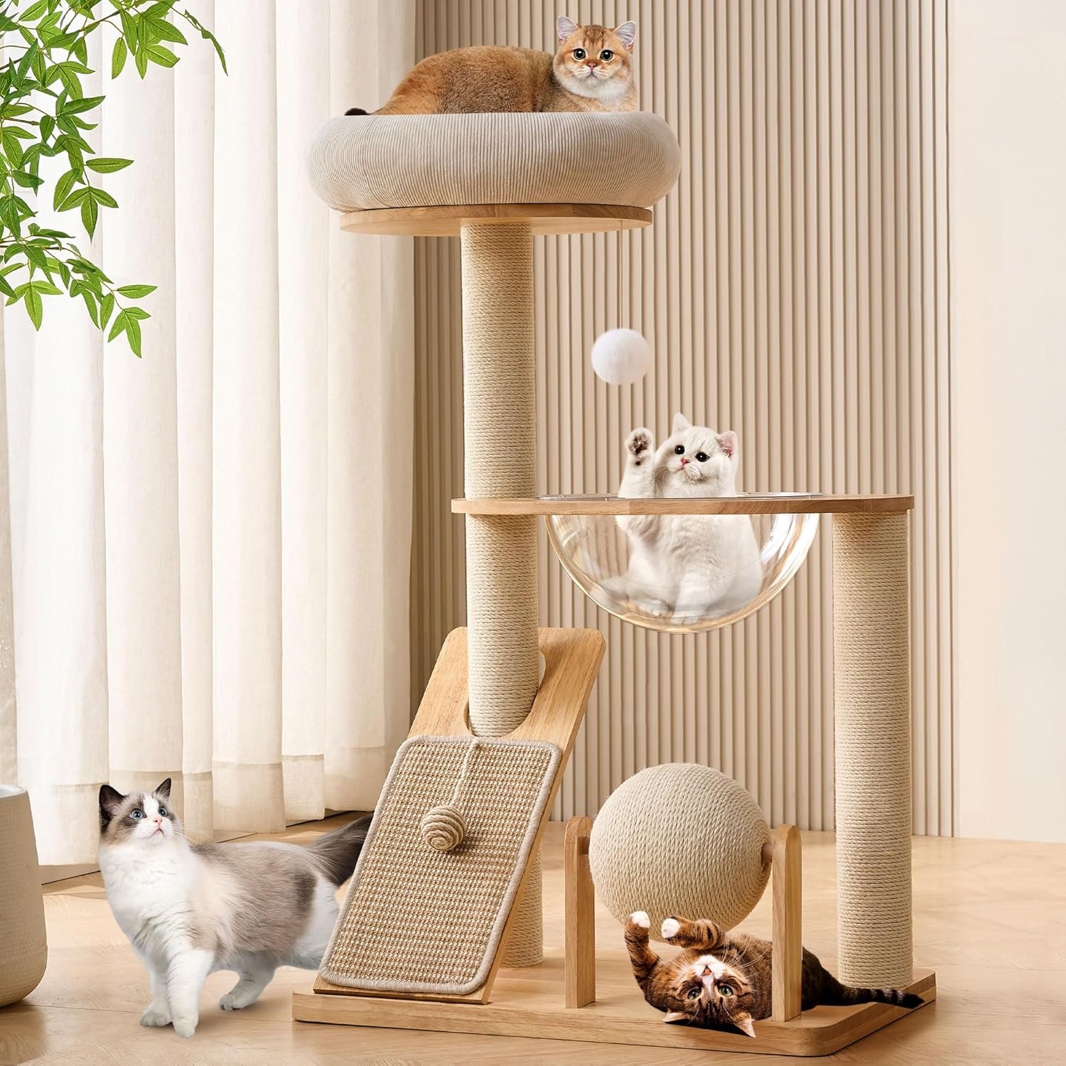 HITTITE Solid Wood Cat Tree Tower with Scratching Post, 37.8 Inches Tall Cat Towers with Scratching Board and Scratcher Ball, Modern Cat Tower With Space Capsule and Removable Top Bed for Indoor Cats.
