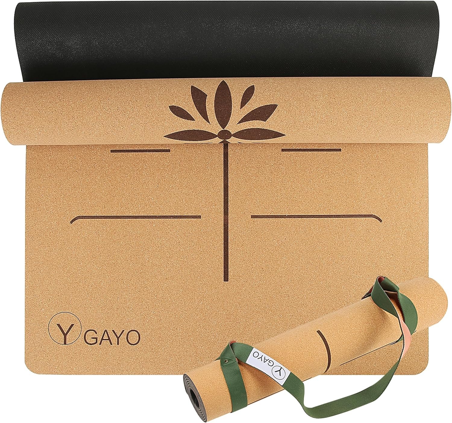 Y O Gayo Premium Yoga Cork Mat | 5mm Thick Natural Tree Rubber Base and Bigger Mat for Extra Support, Alignment lines for Guidance | Non-Slip, Sustainable, Your Ultimate Yoga Companion