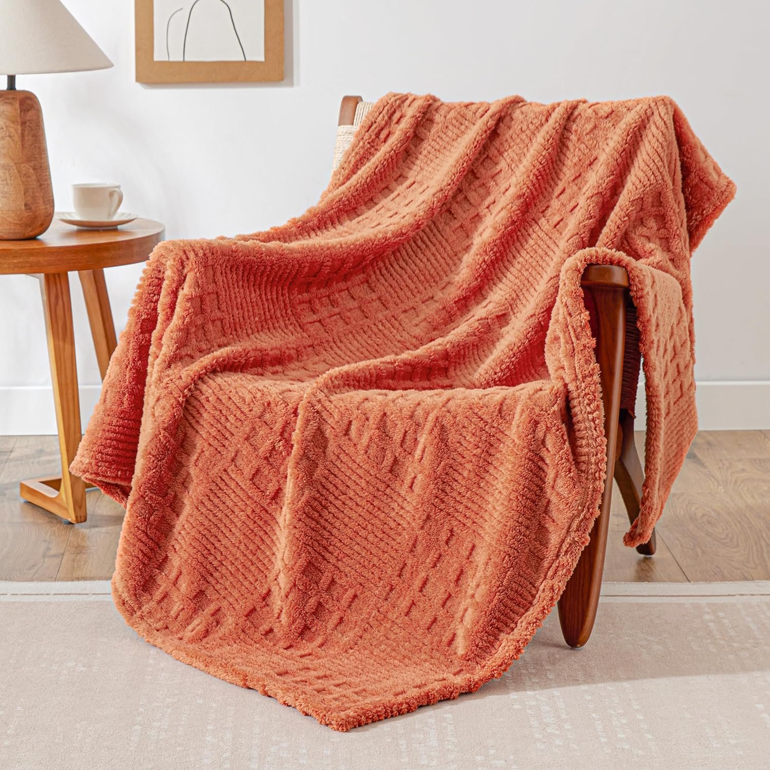 EXQ Home Fleece Throw Blanket for Couch or Bed – 3D Waffle Patchwork Pattern Jacquard Decorative Blankets – Cozy Soft Fuzzy Flannel Blanket Suitable for All Seasons(50″×60″,Terracotta)