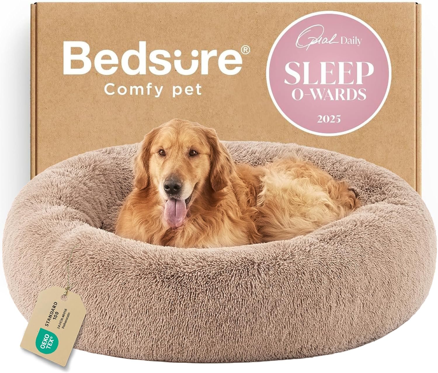 Bedsure Calming Dog Bed for Extra Large Dogs – Donut Washable Large Pet Bed, 45 inches Anti-Slip Round Fluffy Plush Faux Fur Dog Bed, Fits up to 120 lbs Pets, Camel